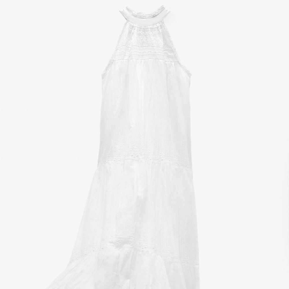 Zara White Tiered Eyelet Midi Dress with Black Harness Detail - Picture 4 of 8